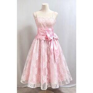 Vintage Pink Lace Princess Prom Dress Coquette Ruched Satin Formal 80s 90s S USA